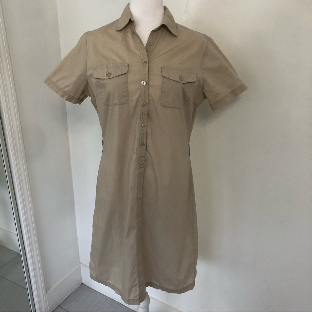 PATPRIMO Women’s Beige 1/2 Button Up Short Sleeve Midi Dress Sz 8